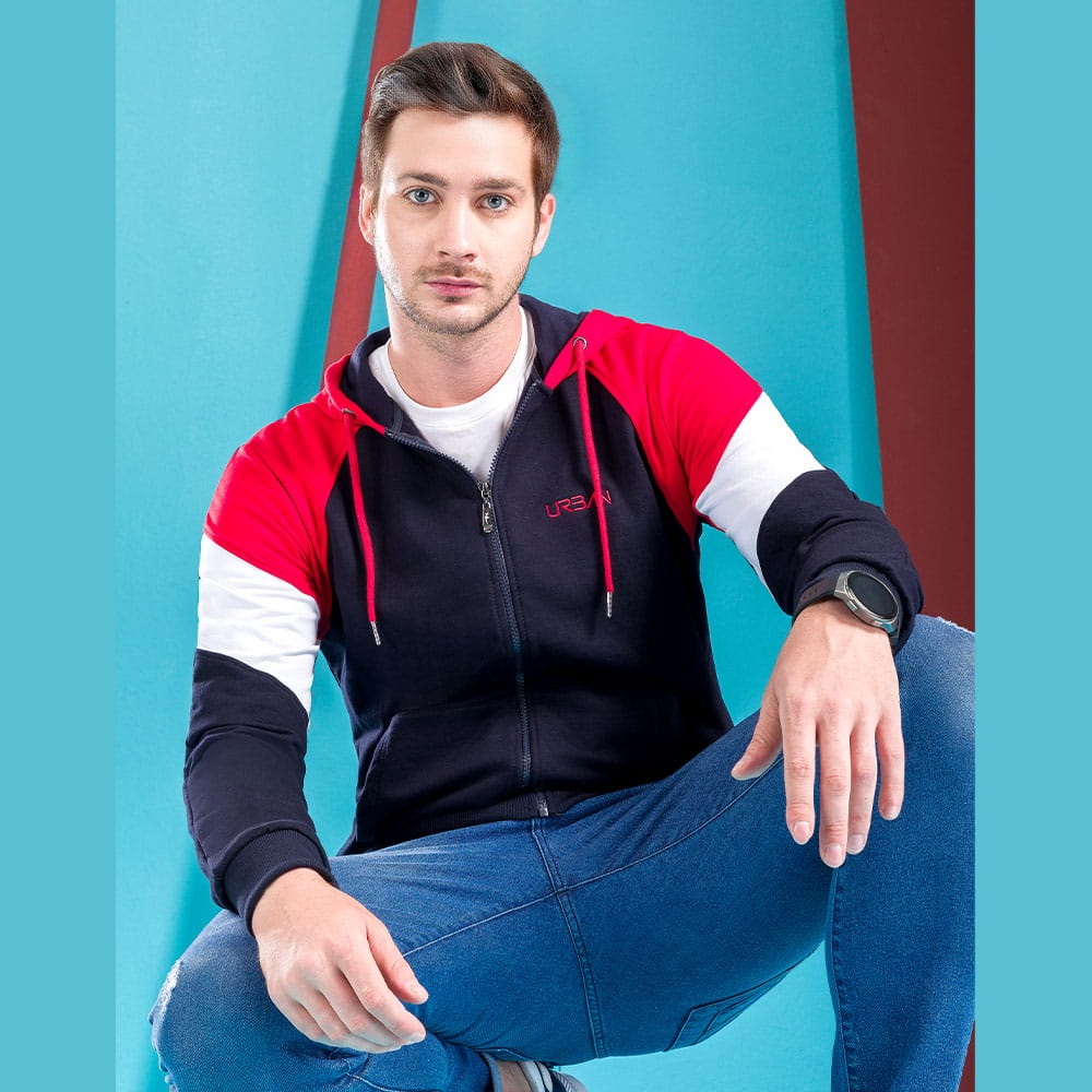 Polera c/ Cierre  Capucha  Azul/Rojo